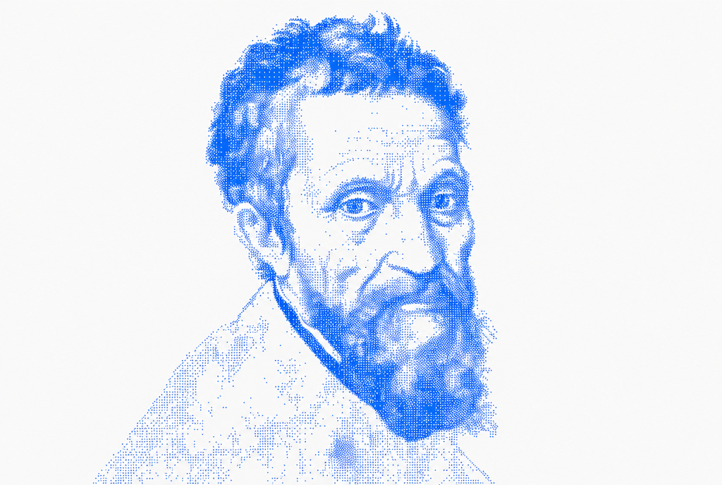 Blue halftone portrait of Michelangelo