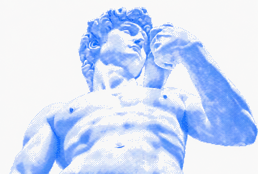 Blue halftone detail of Michelangelo's David looking to the side with one hand raised near his shoulder.