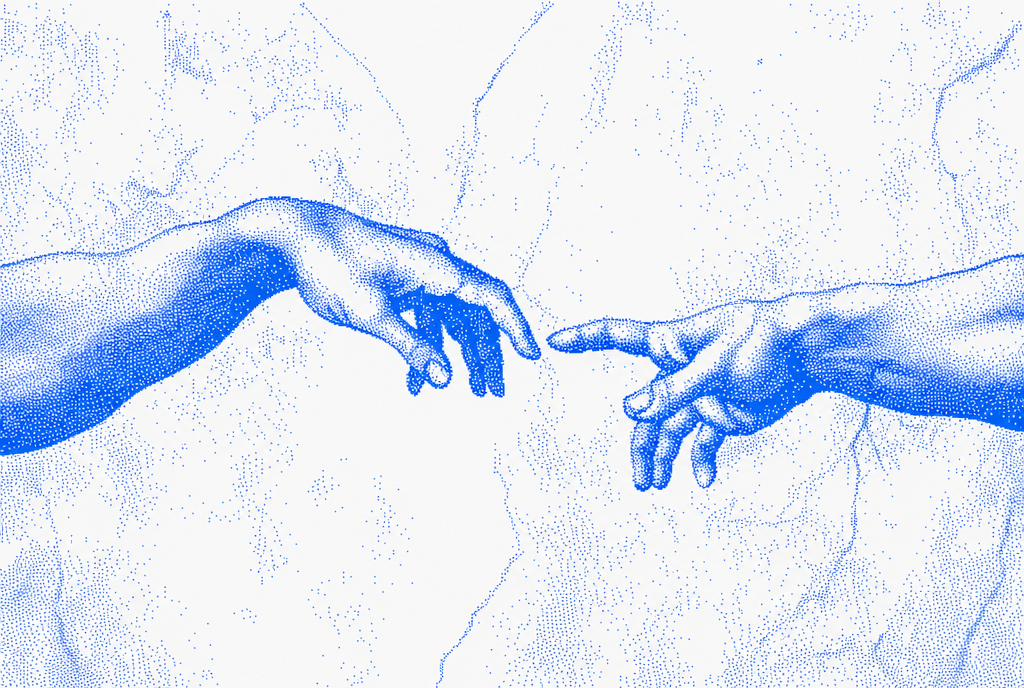 Blue halftone detail from the Sistine Chapel ceiling showing two hands reaching toward each other.