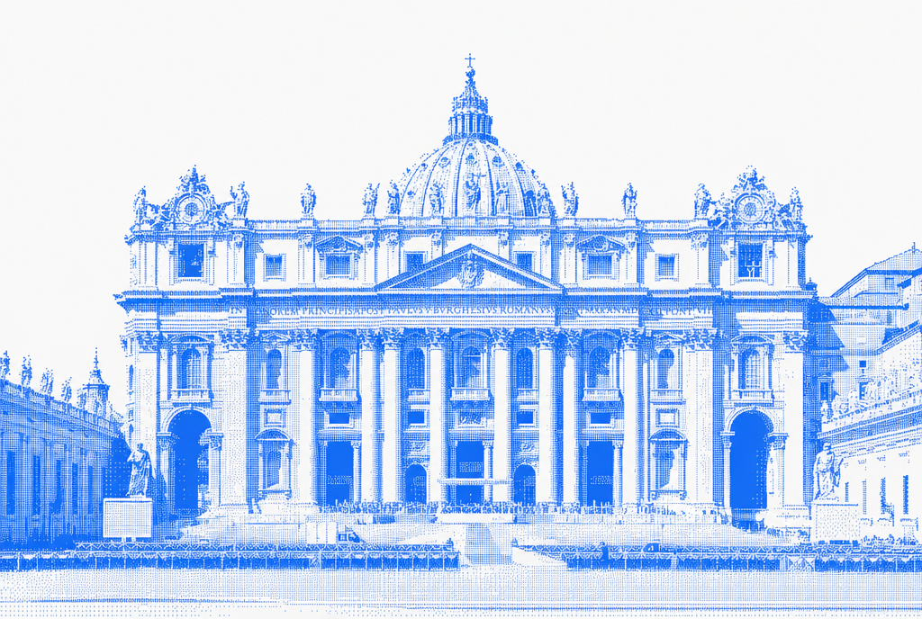 Blue halftone view of St. Peter's Basilica and its large central dome.