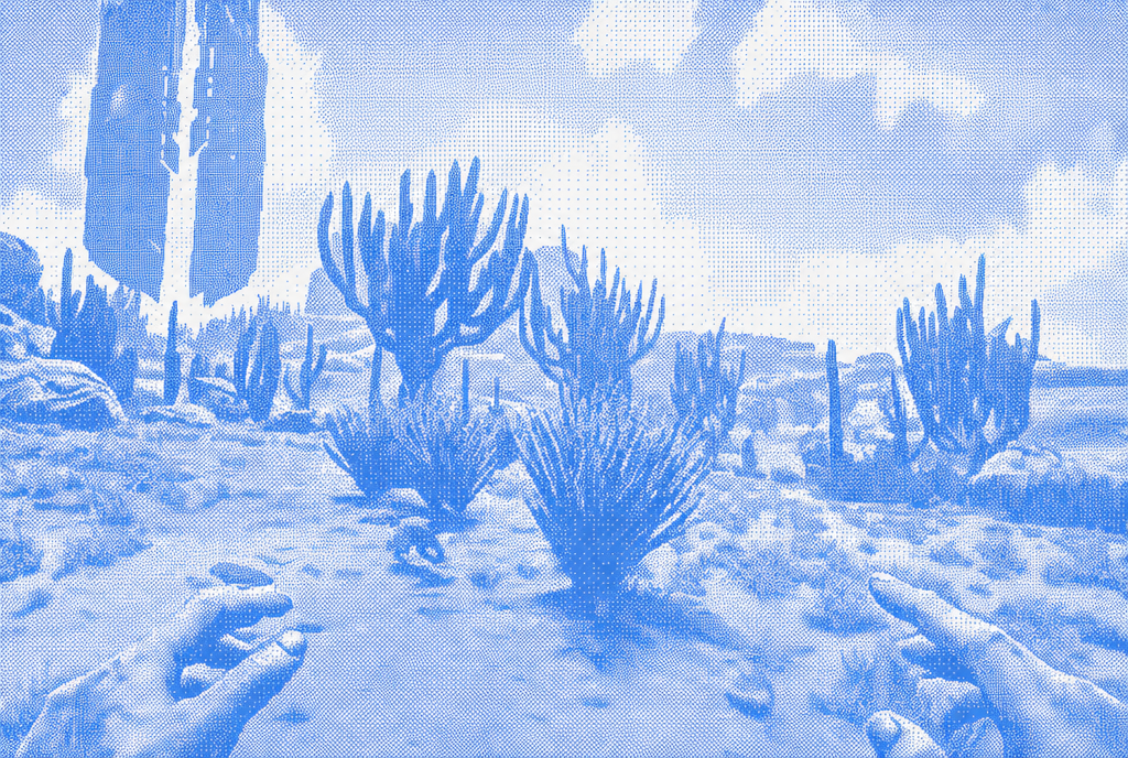 Blue halftone first-person game scene showing two hands in a dry landscape filled with different cactus-like plants.