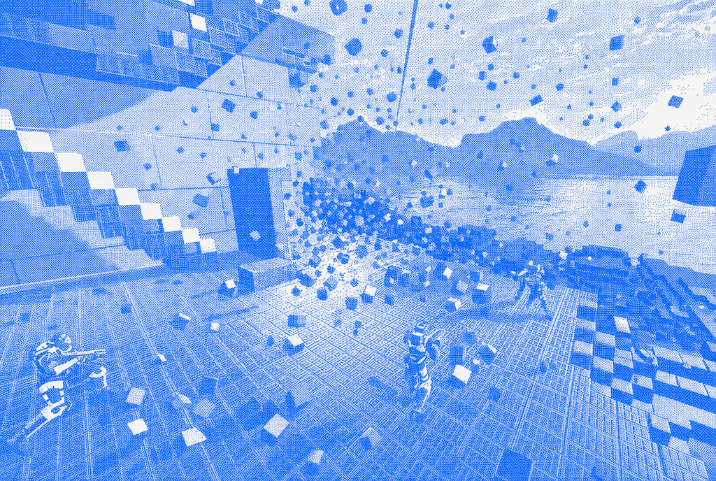Blue halftone game scene showing many small cubes scattered through a room as generated objects or effects.