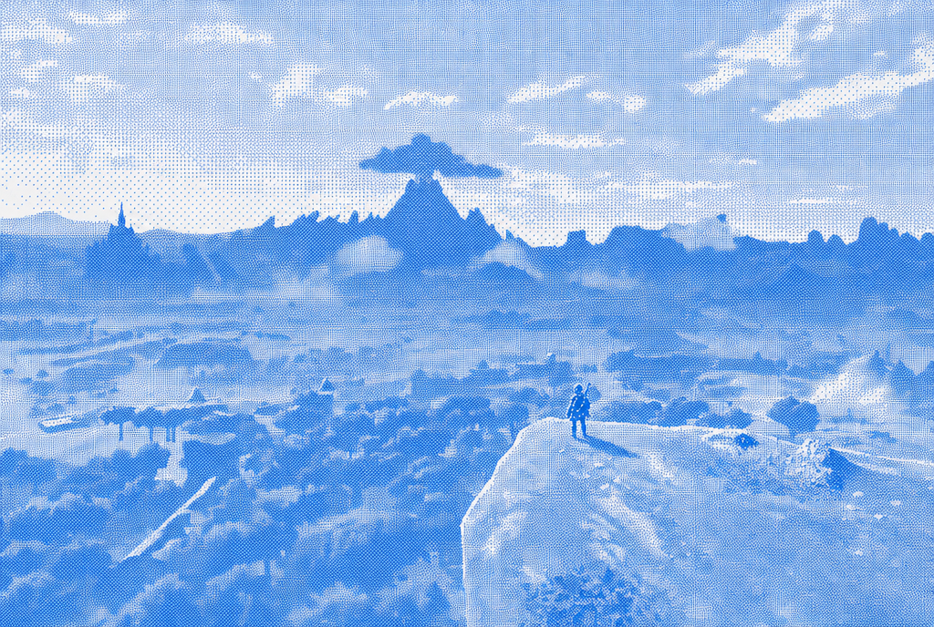 Blue halftone game landscape viewed from a high rock, with a player looking toward distant terrain and a mountain.