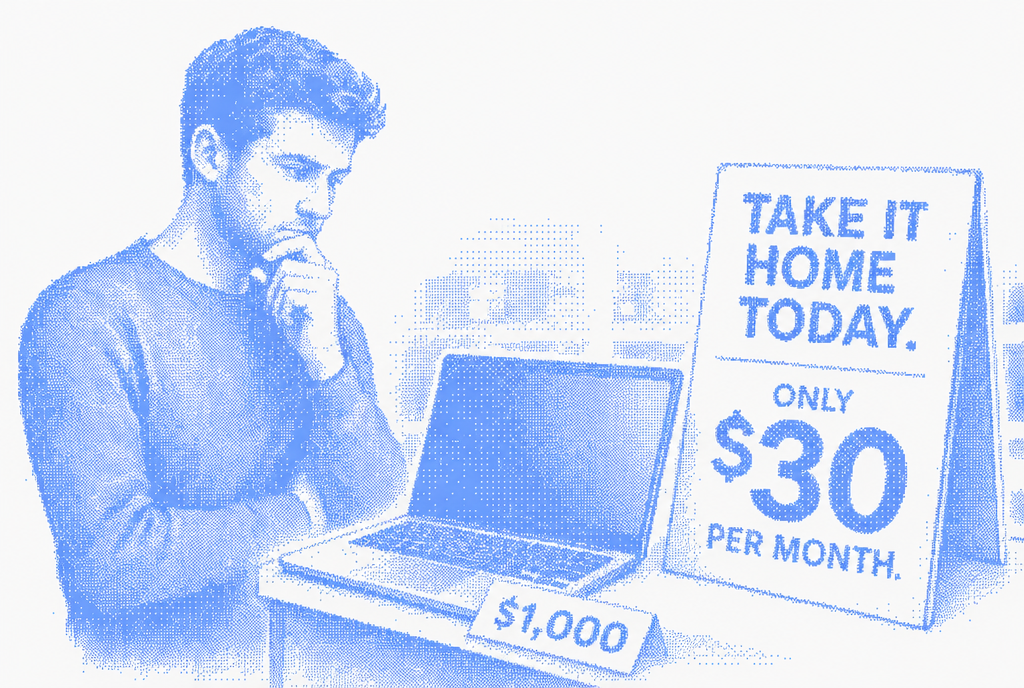 Blue halftone illustration of a person considering a $1,000 laptop beside a large offer reading Take It Home Today, Only $30 Per Month.