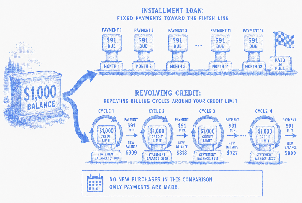 Blue halftone comparison showing one $1,000 balance splitting into an installment loan with fixed payments and revolving credit with repeating billing cycles.