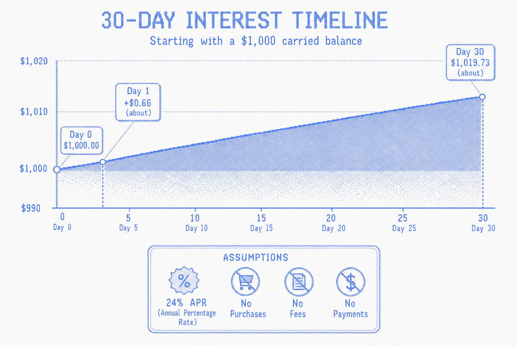 Blue halftone 30-day interest timeline showing a $1,000 carried balance growing to about $1,019.73 under the listed simplified assumptions.