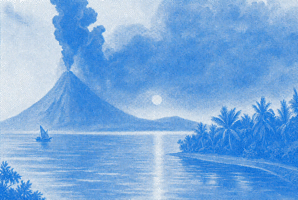 Blue halftone historical scene of a volcano erupting beside the sea and palm-lined coast.