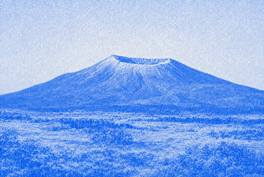 Blue halftone view of Mount Tambora showing its wide collapsed summit.