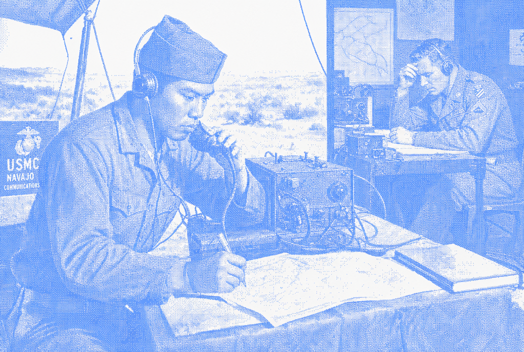 Blue halftone historical scene of two Navajo Code Talkers operating radio and communications equipment at separate stations.