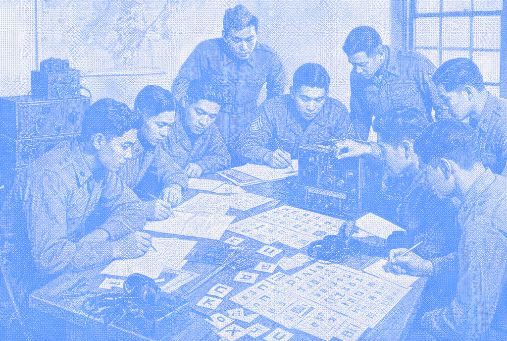 Blue halftone historical scene of Diné Marines working together around tables with papers, code materials, and radio equipment.