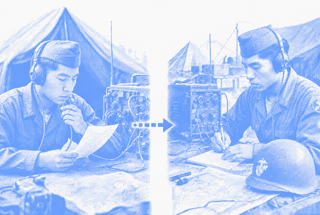Blue halftone split scene showing one Navajo Code Talker transmitting by radio and another receiving and recording the message.